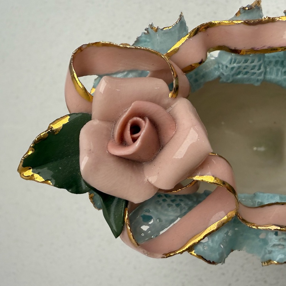 Vintage Porcelain Decorative Shoe Slipper Pink Roses Hobnail Mid-Century 50s - Picture 8 of 17